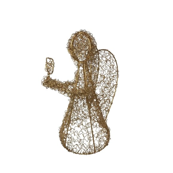 Gold Wire Angel Ornament Holding "Mirror" Halo & Wings 12 " Tall - Picture 1 of 9